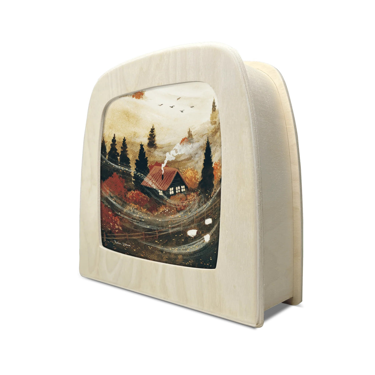 Toverlux Motiv Oktober von Robin Pieterse in der magischen Lampe, schräg von der Seite: Herbstliche Hügel mit kleinem Haus am Waldrand und Zugvögeln