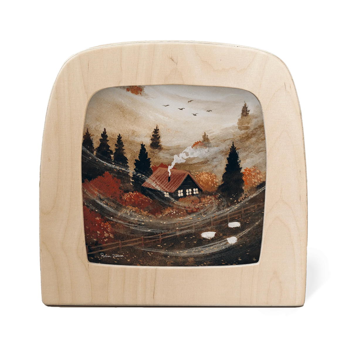 Toverlux Motiv Oktober von Robin Pieterse in der magischen Lampe: Herbstliche Hügel mit kleinem Haus am Waldrand und Zugvögeln
