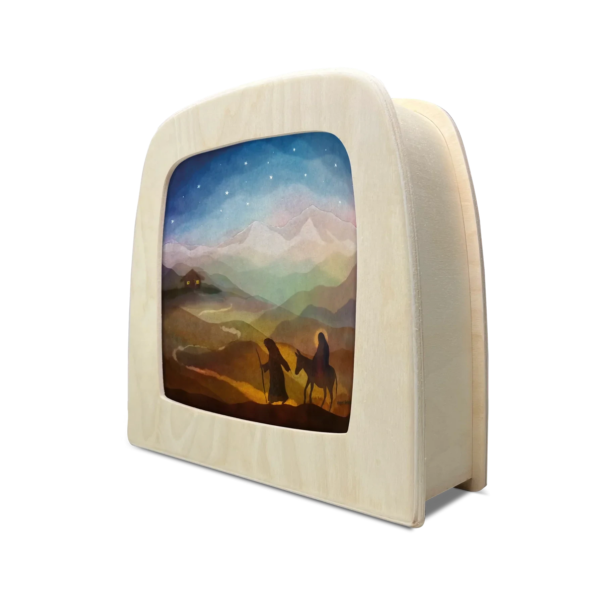Toverlux Motiv Pilgerfahrt von Vogel Geluk in der magischen Lampe, schräg von der Seite: Maria auf dem Esel und Josef auf dem Weg durch die Berge