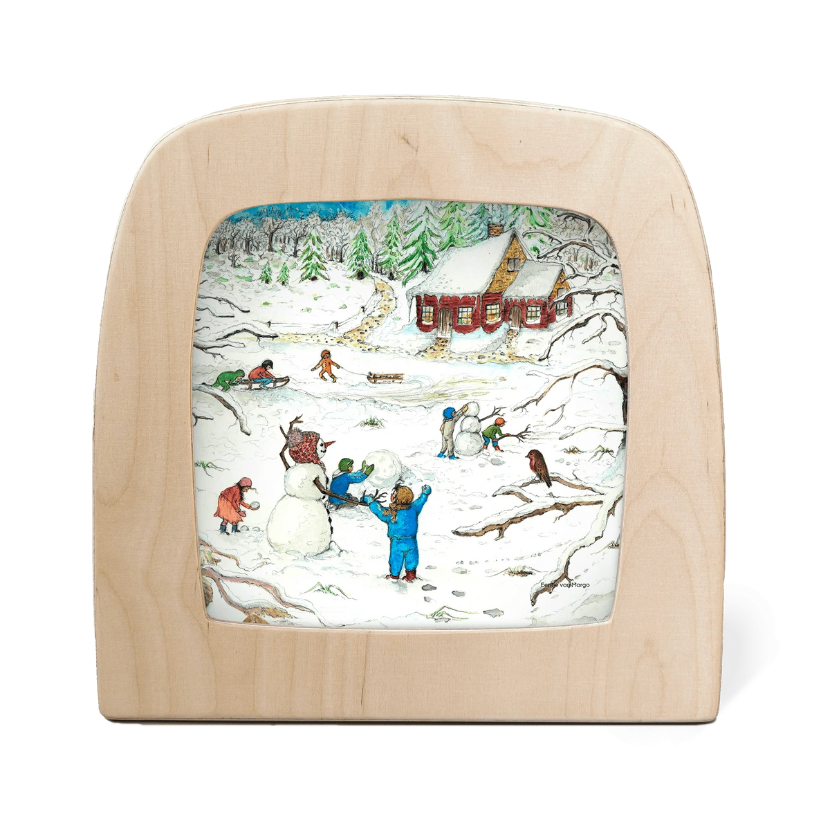 Toverlux Motiv Rote Hütte im Winter von Eentje van Margo in der magischen Lampe: Kinder bauen einen Schneemann vor einer roten Hütte im Schnee