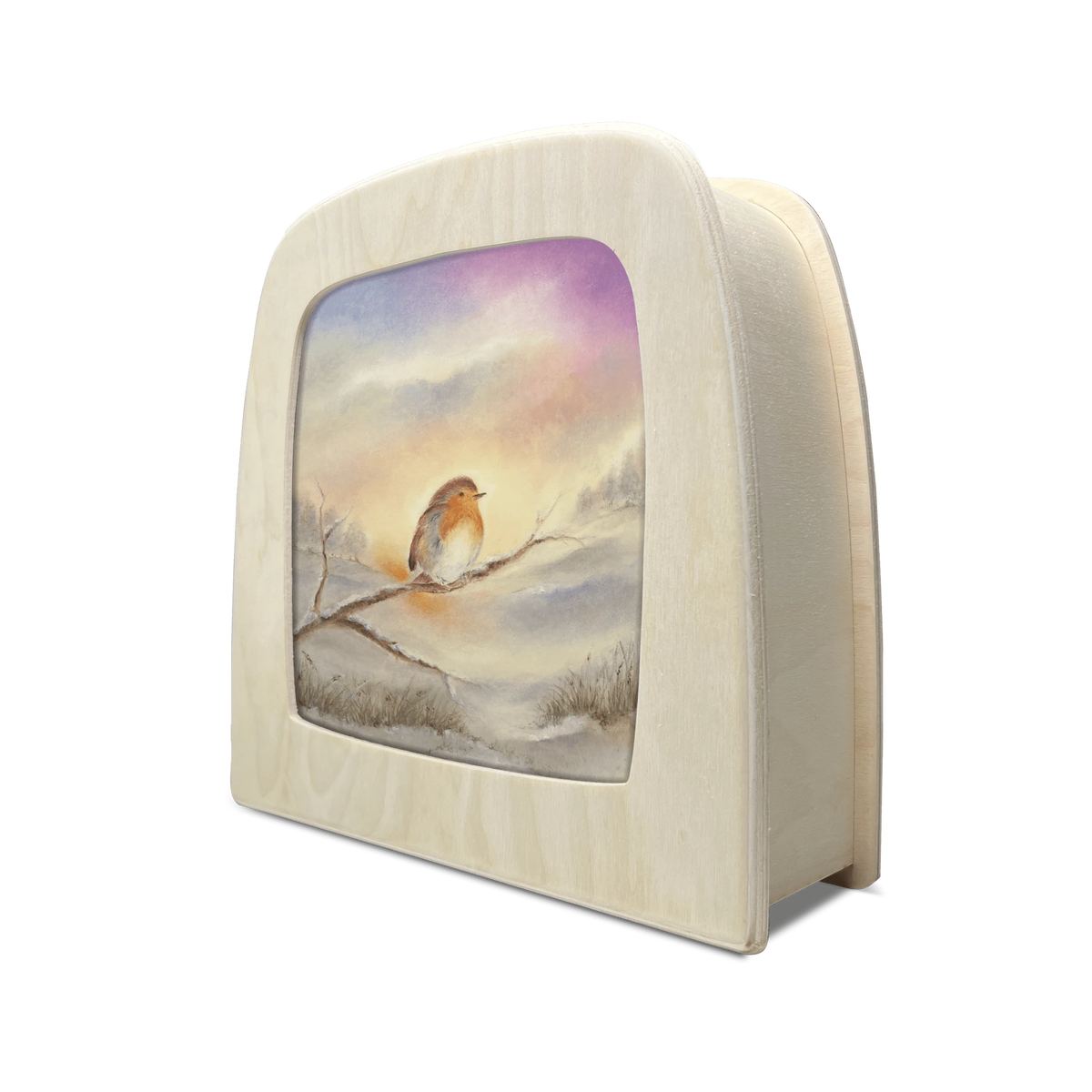 Toverlux Motiv Rotkehlchen im Winter von Baukje Exler in der magischen Lampe, schräg von der Seite: Rotkehlchen auf einem Zweig im Wintermorgenlicht