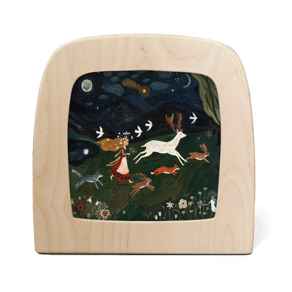 Toverlux Motiv Rückkehr des Glücks von Tijana Draws in der magischen Lampe: Kind läuft mit weißem Hirsch und Hasen durch die Sternennacht