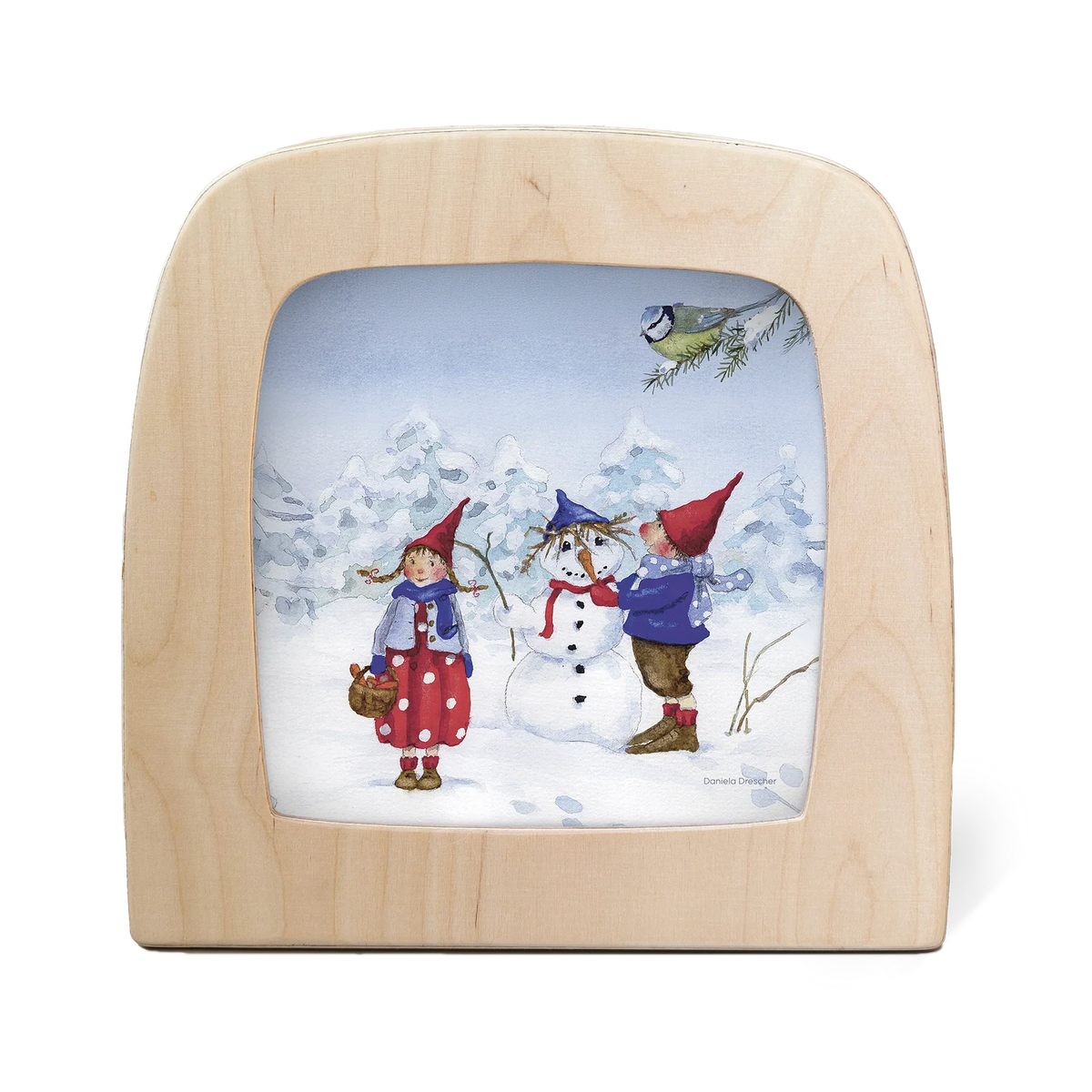 Toverlux 4er Motiv-Set Winter von Daniela Drescher: zwei Kinder mit roten Zipfelmützen im verschneiten Wald, eine Meise fliegt herbei