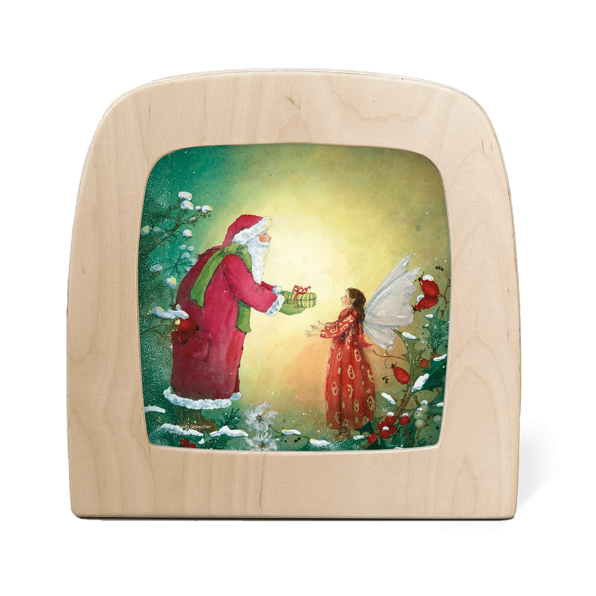 Toverlux 4er Motiv-Set Winter von Daniela Drescher: Weihnachtsmann reicht einem Engel ein Geschenk im verschneiten Wald