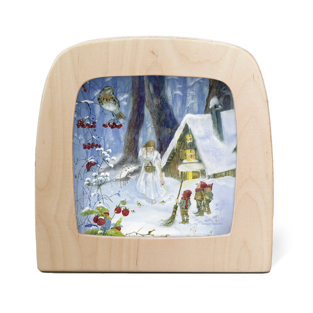 Toverlux 4er Motiv-Set Winter von Daniela Drescher: verschneite Häuschen im Winterwald mit Eule und roten Beeren