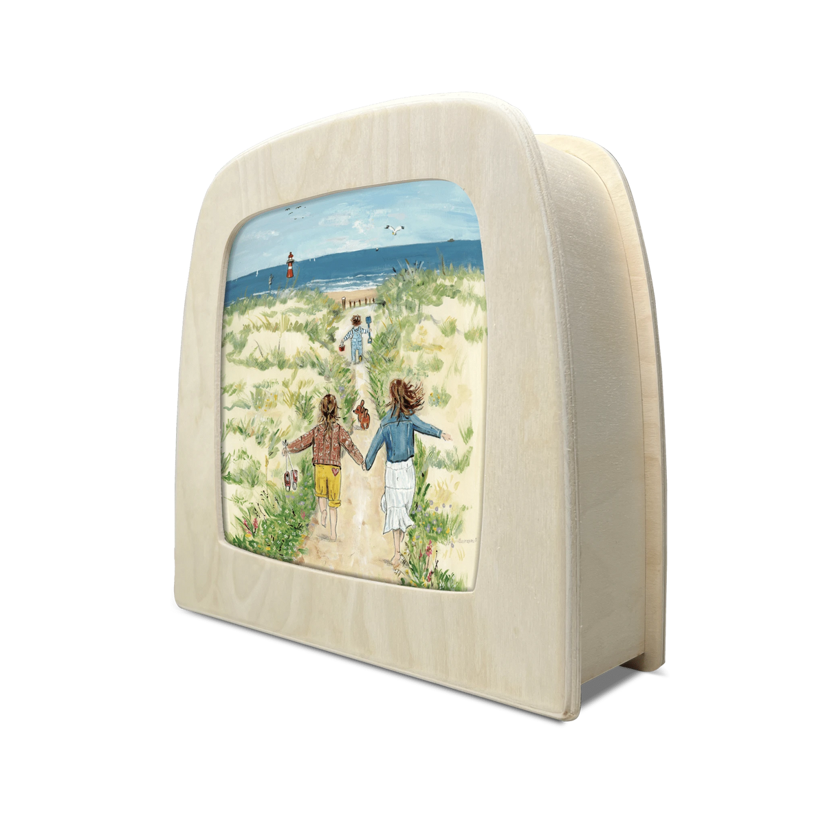 Toverlux Motiv Strand von Gwen's Illustrations in der magischen Lampe, schräg von der Seite: Kinder laufen über einen Dünenweg zum Meer