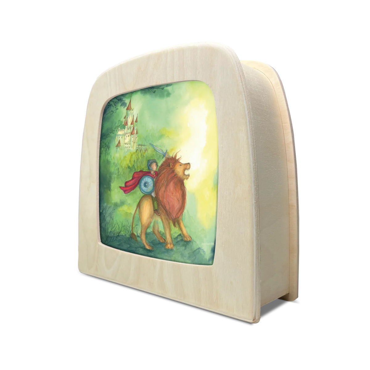 Toverlux Motiv Tapferer Ritter von Anne Illustraties in der magischen Lampe, schräg von der Seite: Ritter mit Löwe auf dem Weg zu einer Burg