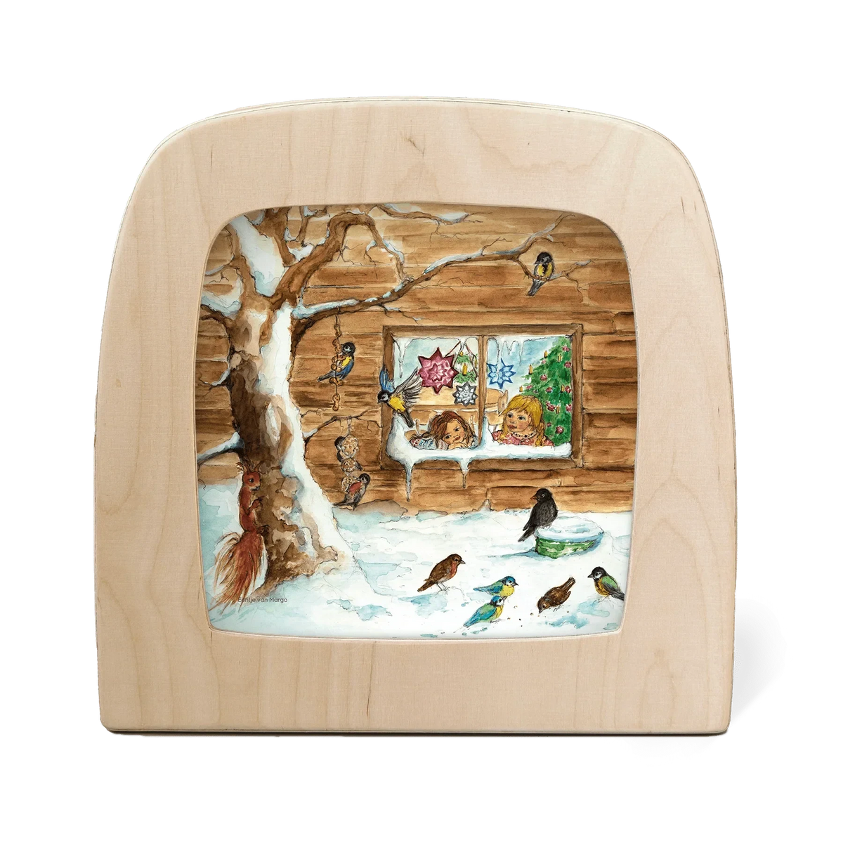 Toverlux Motiv Vögel beobachten von Eentje van Margo in der magischen Lampe: Kind schaut aus dem Fenster einer Holzhütte auf Vögel im Schnee
