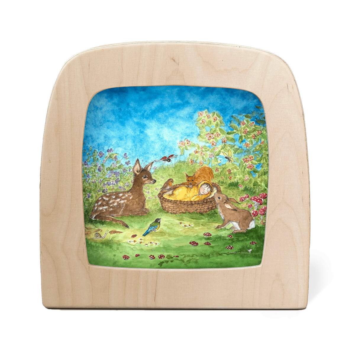 Toverlux Motiv Waldschlaf von Eentje van Margo in der magischen Lampe: Baby im Körbchen auf der Waldwiese mit Reh, Hase und Eichhörnchen