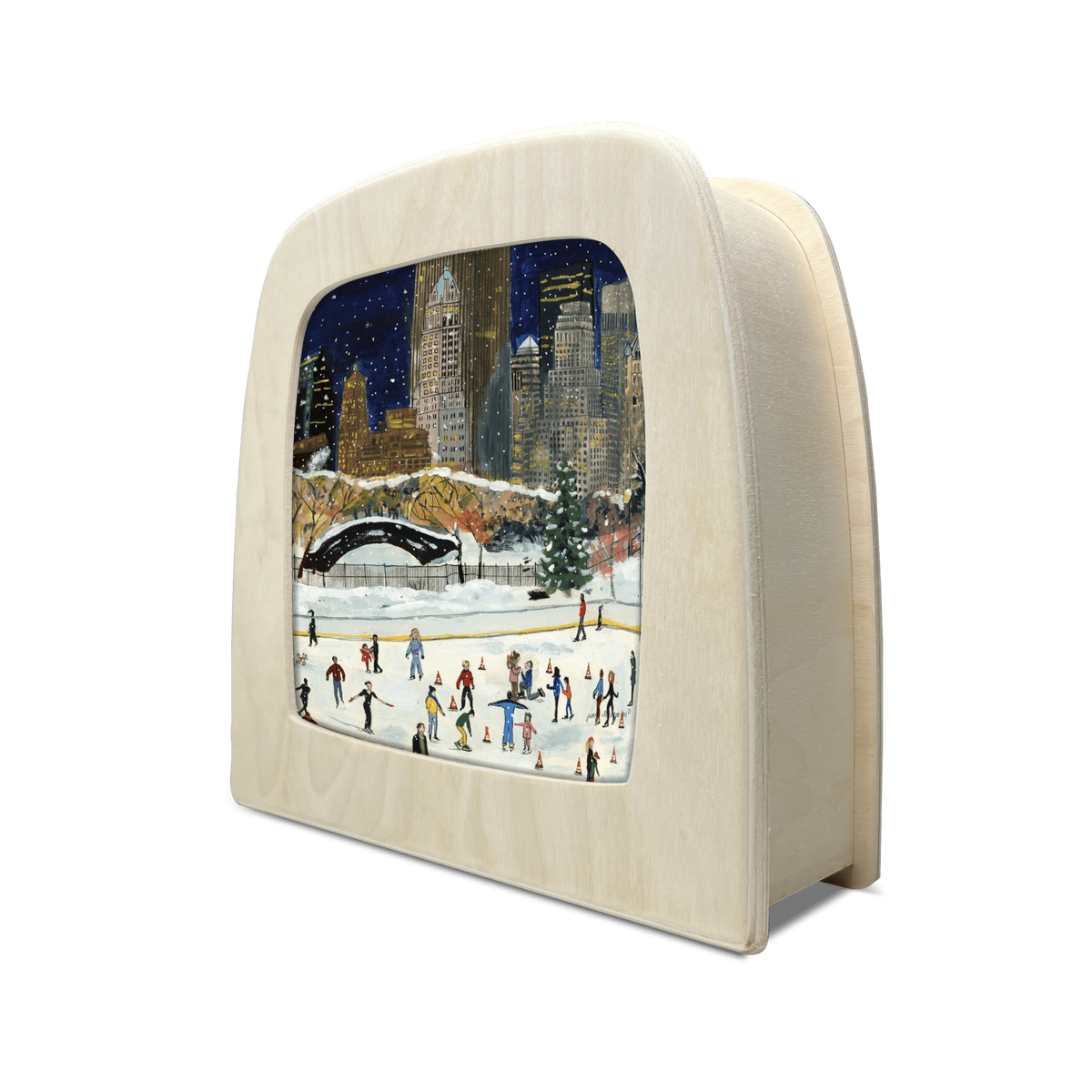 Toverlux Motiv Weihnachten in New York von Gwen's Illustrations in der magischen Lampe, schräg von der Seite: Eisbahn mit Weihnachtsbaum vor der Skyline von New York