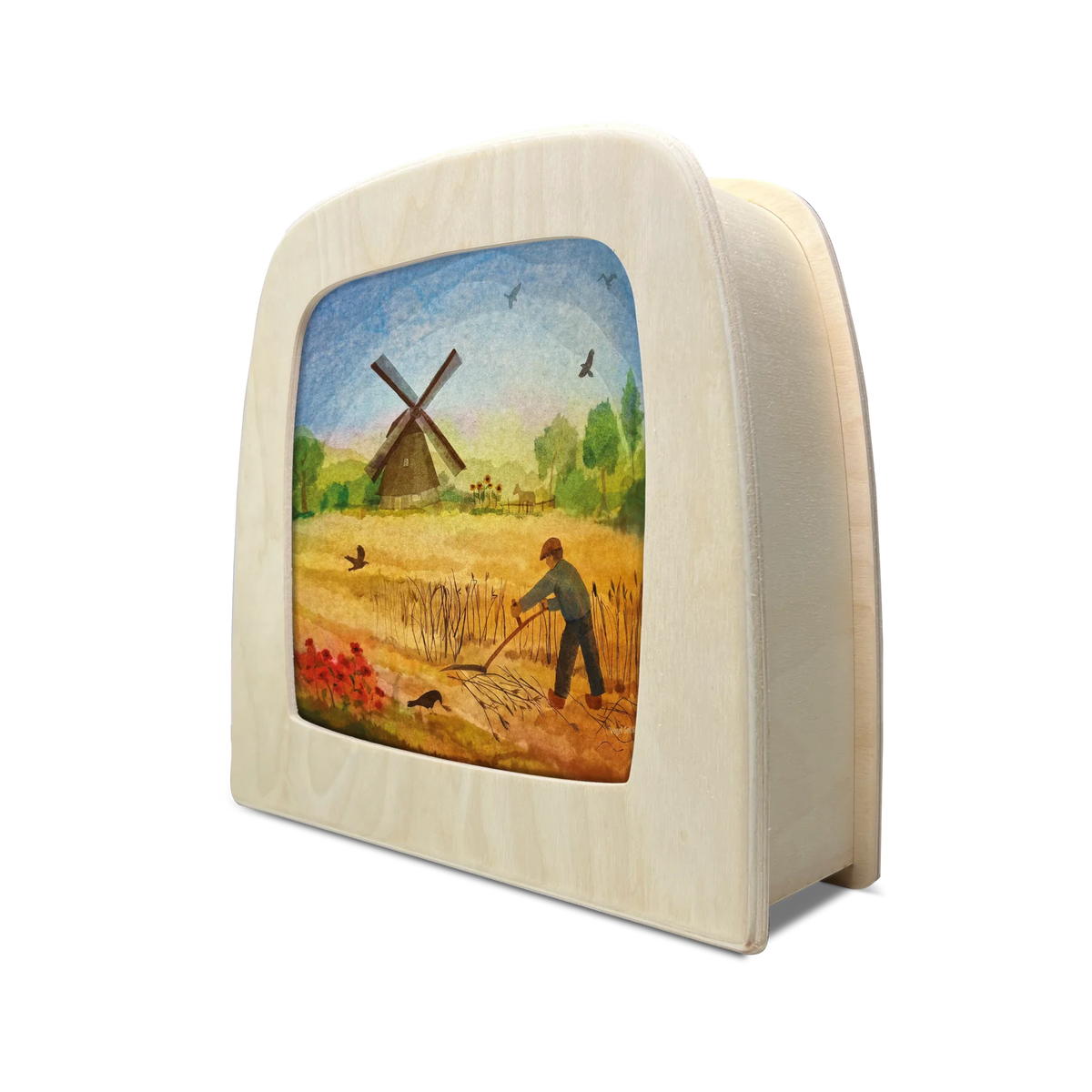 Toverlux Motiv Windmühle von Vogel Geluk in der magischen Lampe, schräg von der Seite: Goldenes Kornfeld mit Windmühle zur Erntezeit