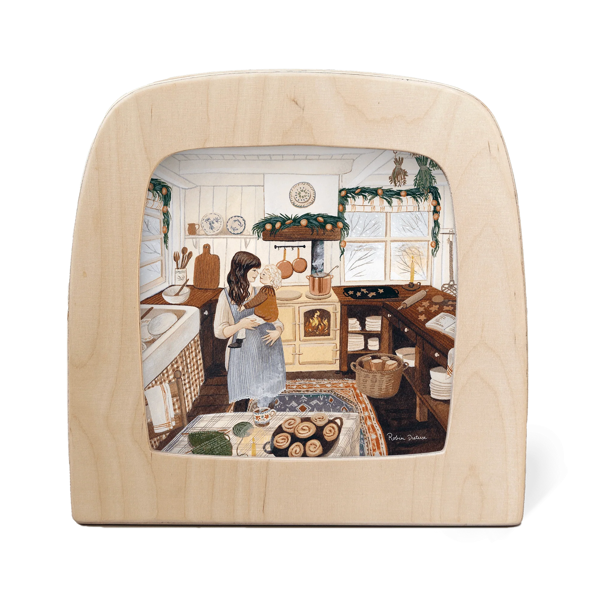 Toverlux Motiv Winterbacken von Robin Pieterse in der magischen Lampe: Gemütliche Landküche mit Holzofen, Tannenzweigen und frischen Zimtschnecken