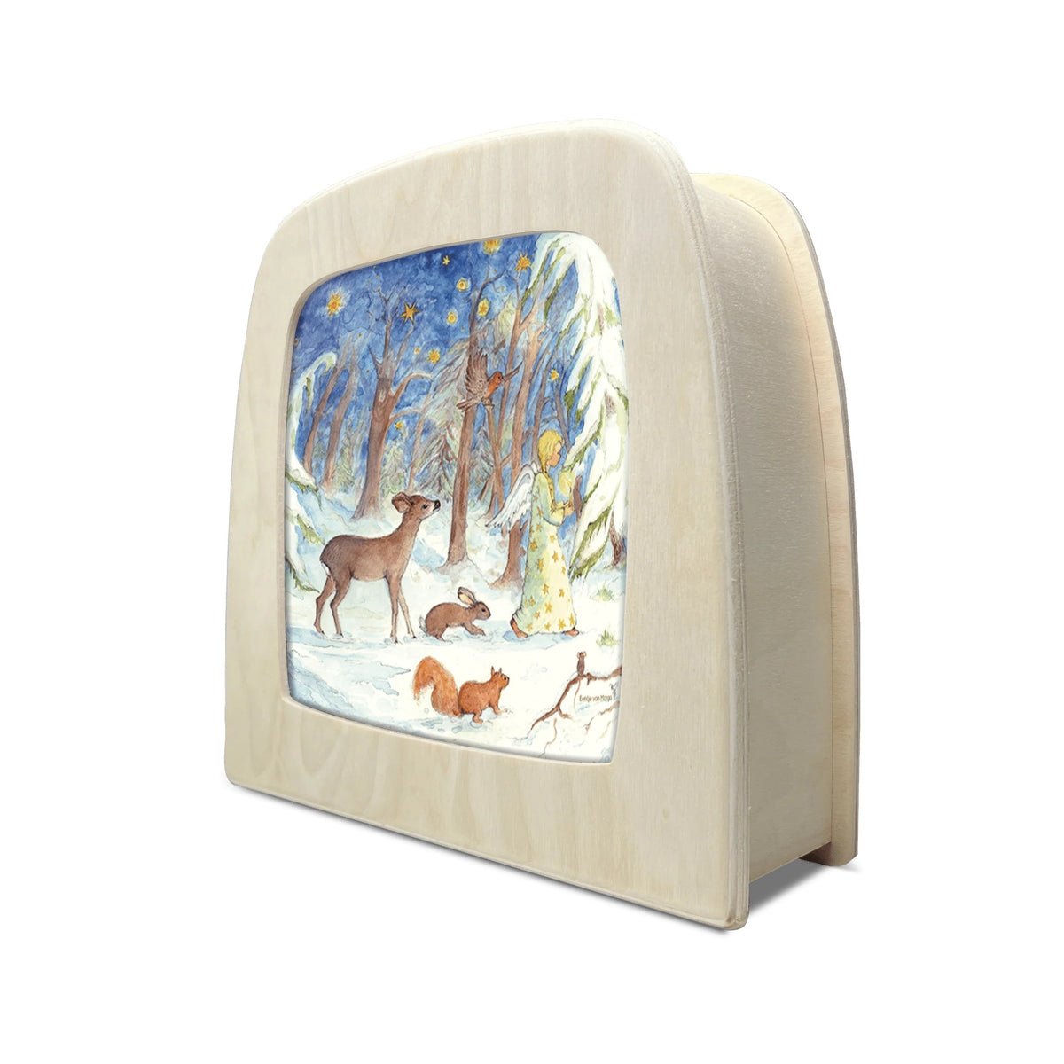 Toverlux Motiv Winterwald von Eentje van Margo in der magischen Lampe, schräg von der Seite: Engel mit Kerzen im verschneiten Wald mit Reh und Eichhörnchen