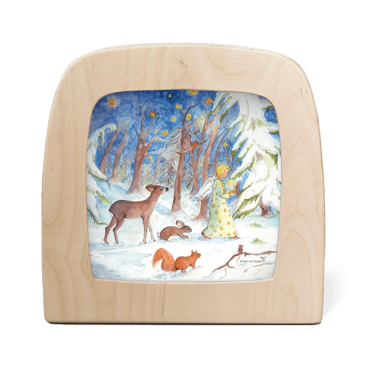Toverlux Motiv Winterwald von Eentje van Margo in der magischen Lampe: Engel mit Kerzen im verschneiten Wald mit Reh und Eichhörnchen