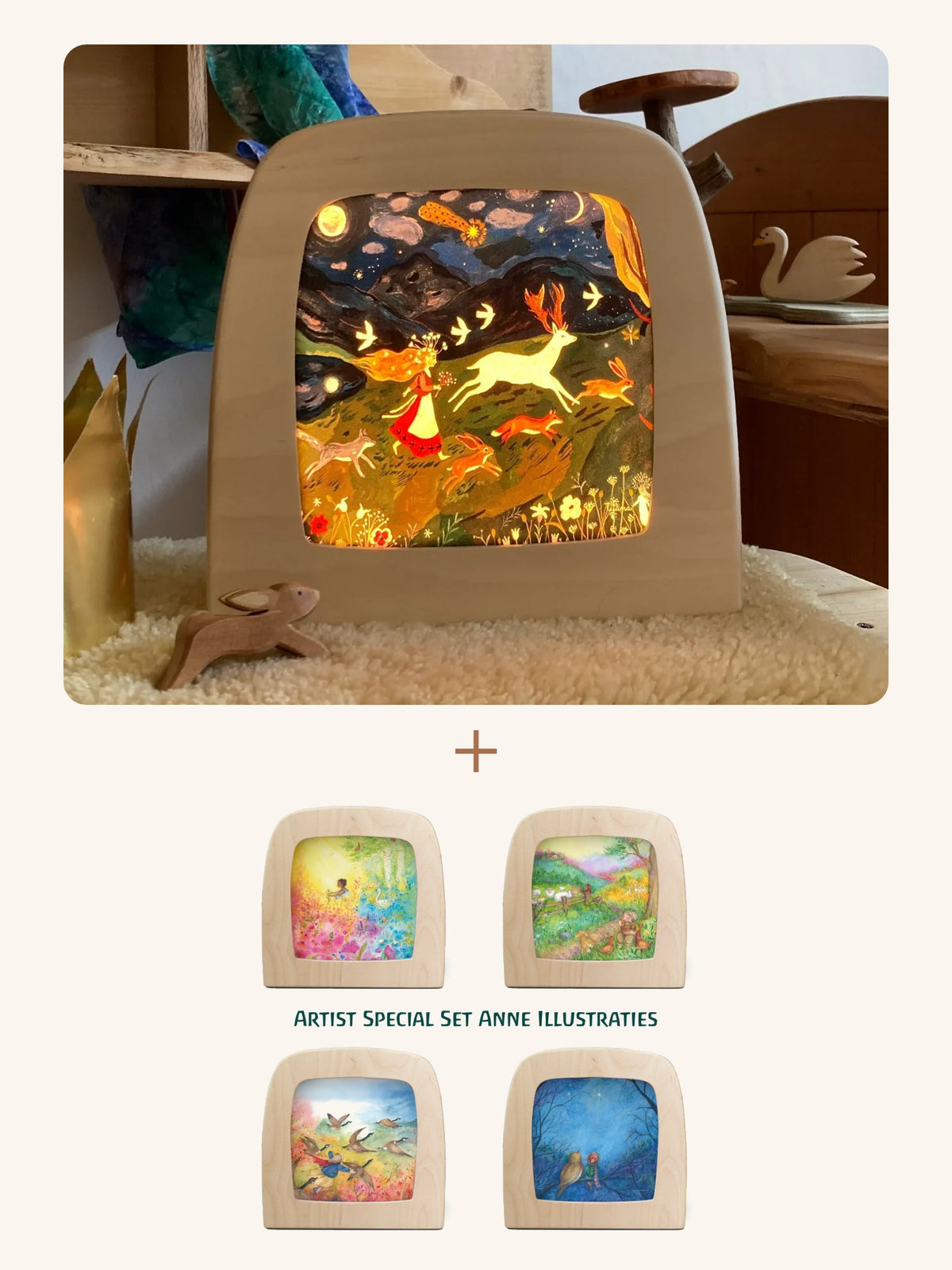 Toverlux Starter-Set: magische Lampe mit leuchtendem Motiv, darunter das 4er Motiv-Set Jahreszeiten von Anne Illustraties