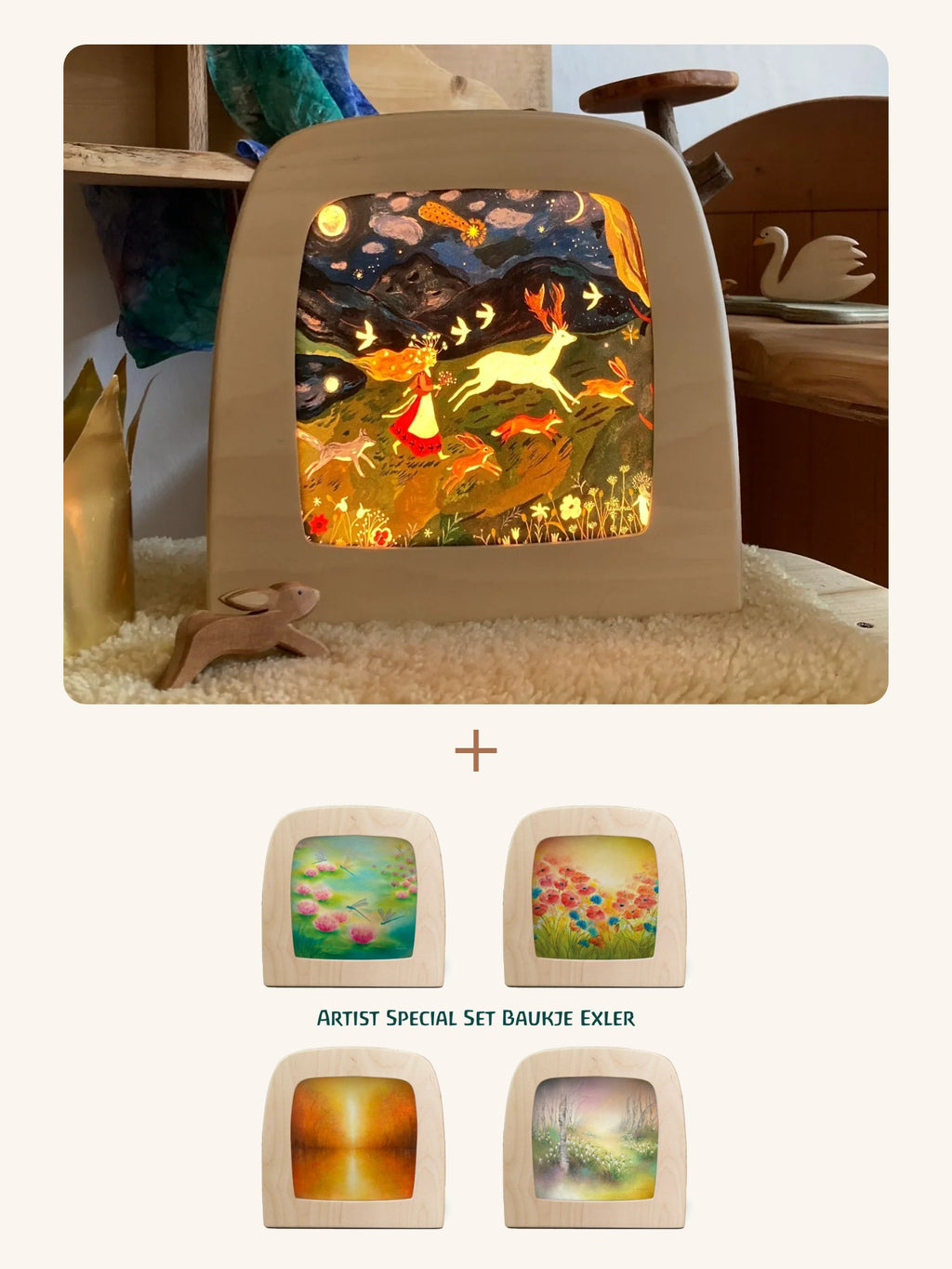 Toverlux Starter-Set: magische Lampe mit leuchtendem Motiv, darunter das 4er Motiv-Set Jahreszeiten von Baukje Exler