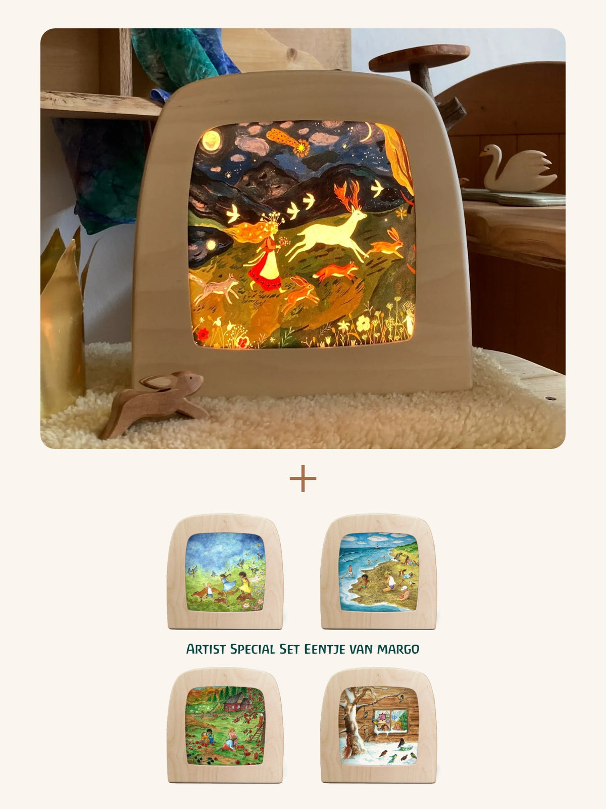 Toverlux Starter-Set: magische Lampe mit leuchtendem Motiv, darunter das 4er Motiv-Set Jahreszeiten von Eentje van Margo