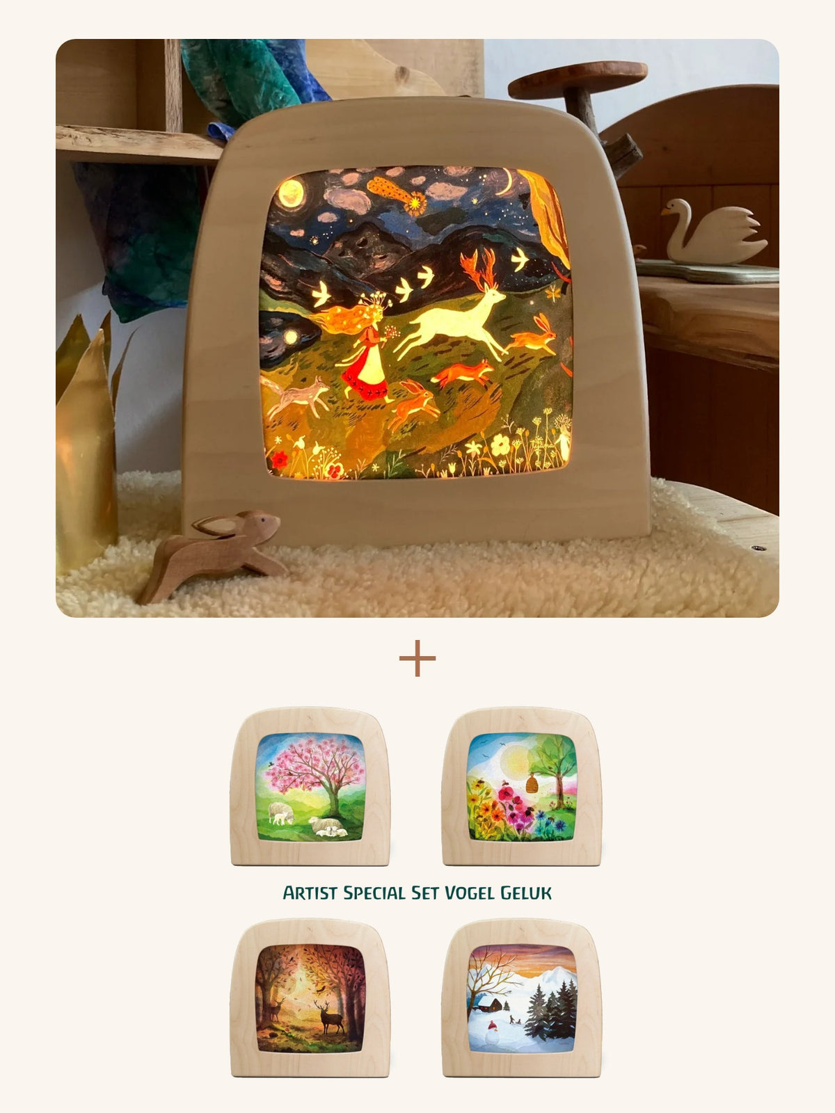 Toverlux Starter-Set: magische Lampe mit leuchtendem Motiv, darunter das 4er Motiv-Set Jahreszeiten von Vogel Geluk