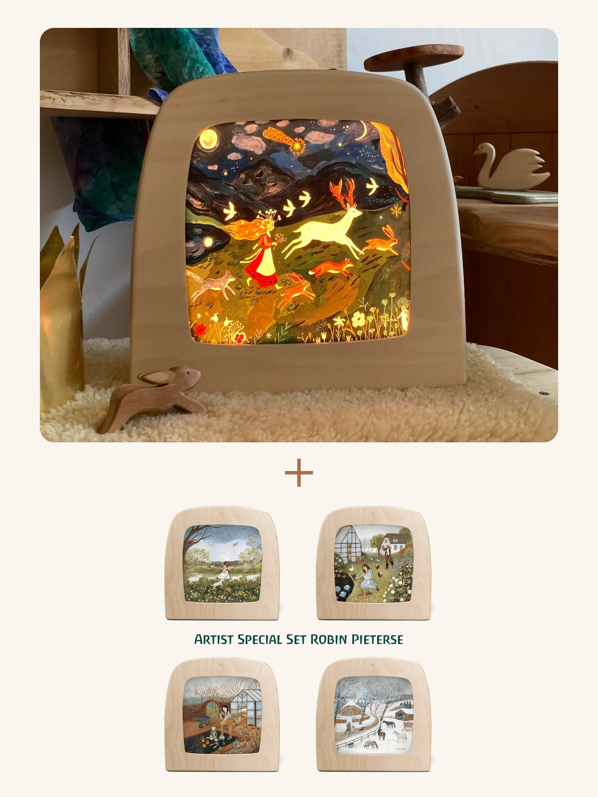 Toverlux Starter-Set: magische Lampe mit leuchtendem Motiv, darunter das 4er Motiv-Set Jahreszeiten von Robin Pieterse