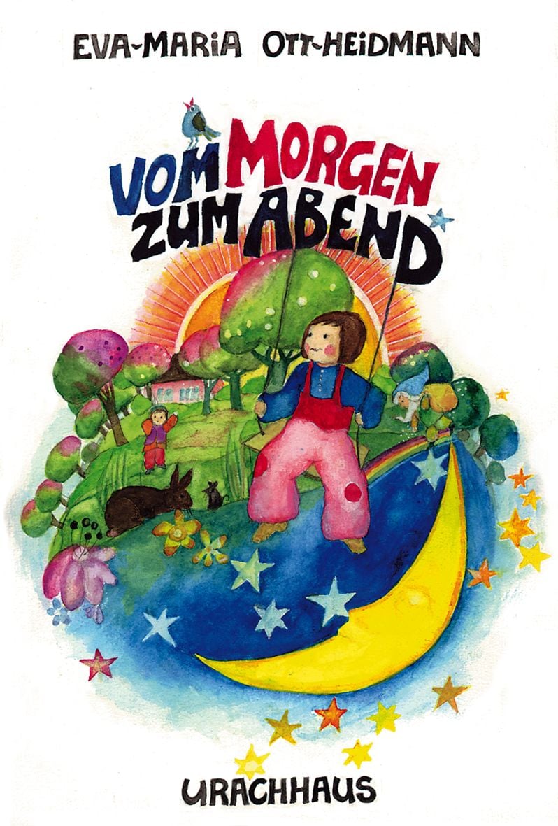 Urachhaus Kinderbuch Vom Morgen zum Abend von Eva-Maria Ott-Heidmann, Cover mit Kind auf der Mondsichel unter Sternen