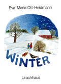 Urachhaus Kinderbuch Winter von Eva-Maria Ott-Heidmann, Cover mit verschneiter Landschaft, zwei Kindern und Schlitten