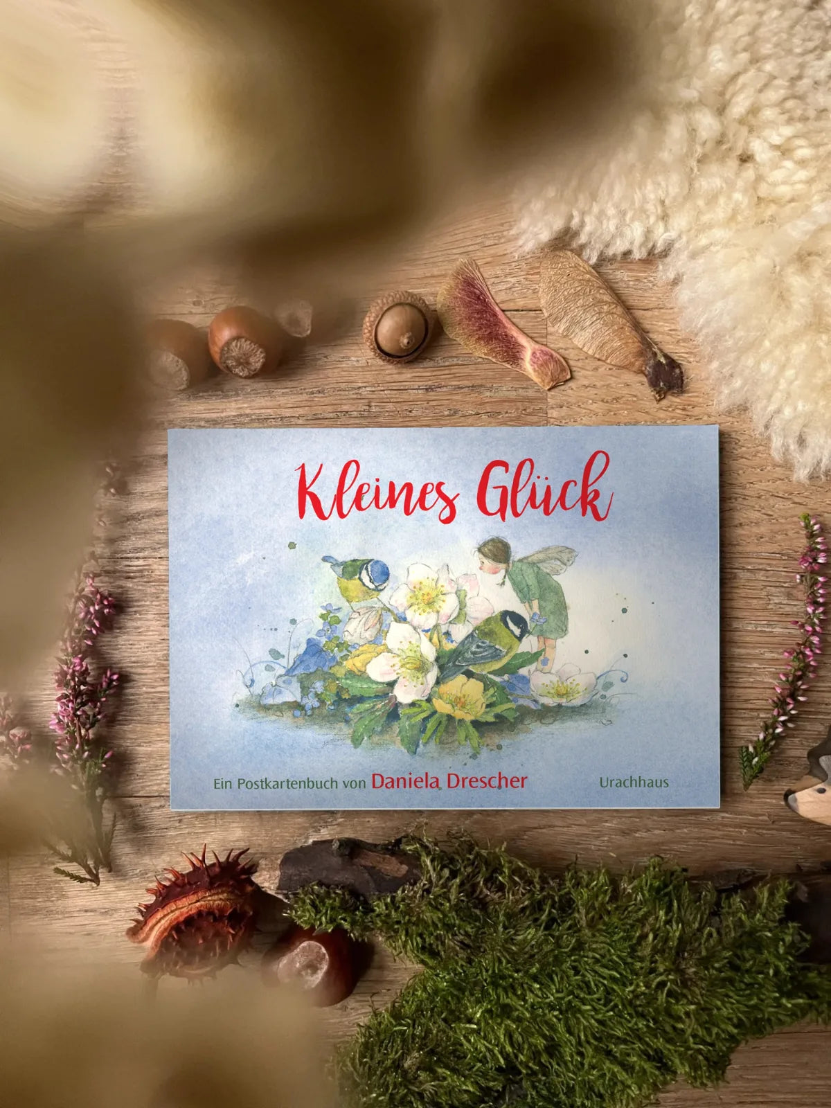 Postkartenbuch Kleines Glück von Daniela Drescher auf einem herbstlichen Holztisch