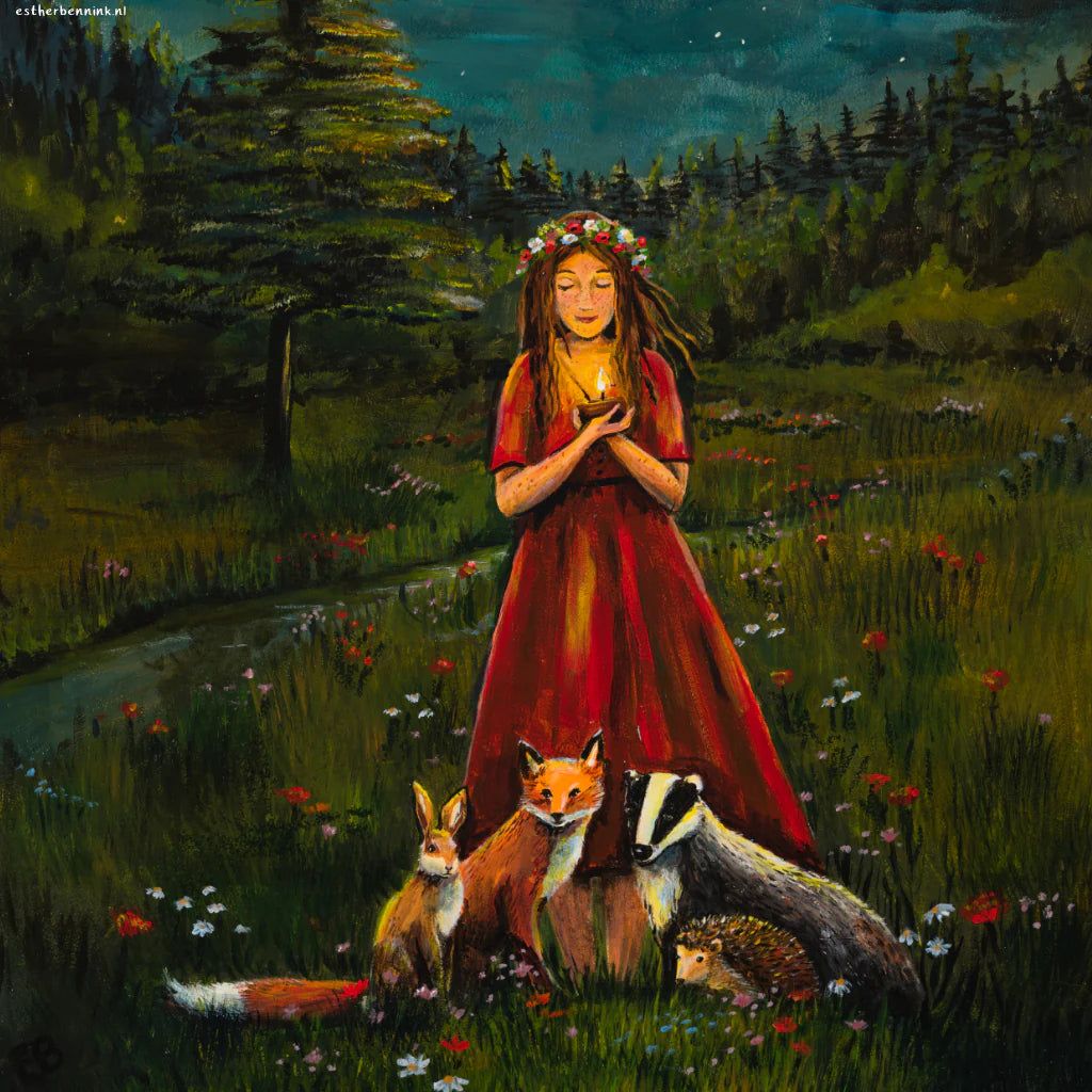 Motiv Verbindung mit der Natur von Esther Bennink für die magische Lampe: Person im roten Kleid auf einer Sommerwiese mit Füchsen, Igel und Waschbär, Ansicht 2