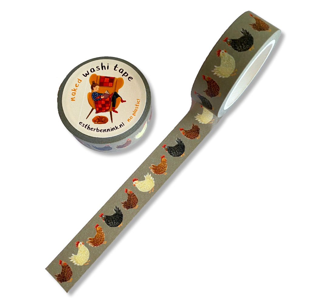 Washi Tape Hühner von Esther Bennink, olivgrünes Washi Tape mit Hühnern