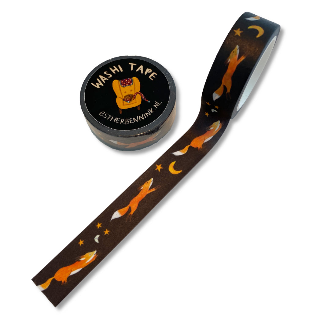 Washi Tape Mondlicht Fuchs von Esther Bennink, dunkles Washi Tape mit Füchsen und Mondsicheln