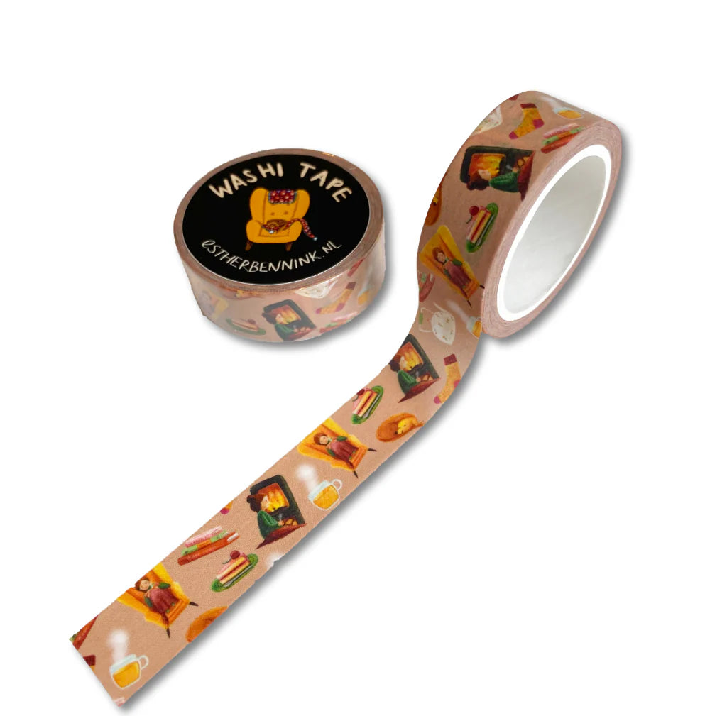 Washi Tape Cozy Momente von Esther Bennink, roséfarbenes Washi Tape mit Büchern und Tee