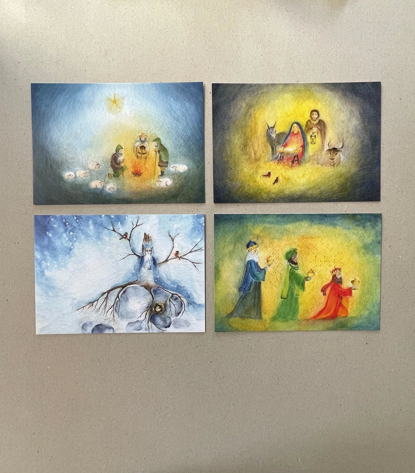 4er Kunstdruck-Set Weihnachtszeit von Ode Desjardins A5, Hirten, Heilige Familie, Winterszene und Heilige Drei Könige