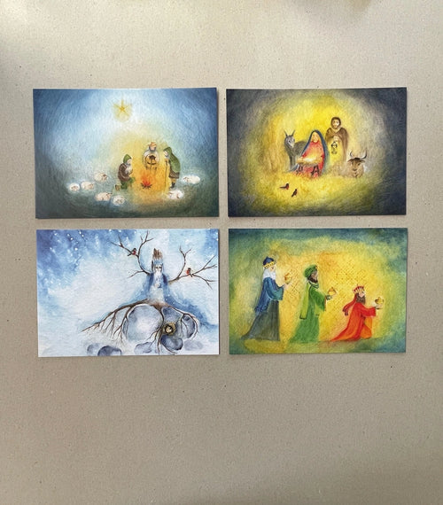 4er Kunstdruck-Set Weihnachtszeit von Ode Desjardins A5, Hirten, Heilige Familie, Winterszene und Heilige Drei Könige
