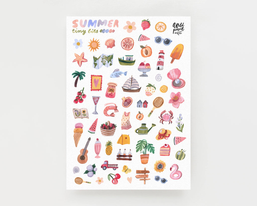 Vinyl-Stickerbogen Sommer-Kleinstteile von Wild Pencil Studio A5, Vinyl-Stickerbogen mit kleinen Sommermotiven