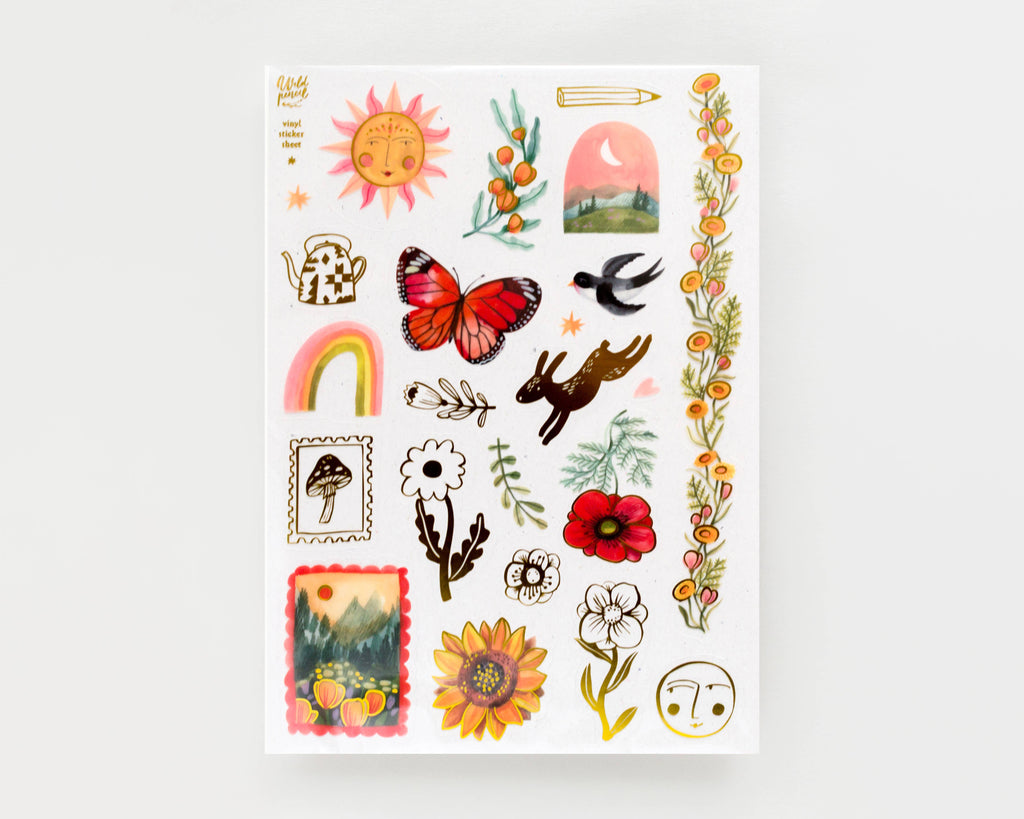 Vinyl-Stickerbogen Spätsommer von Wild Pencil Studio A5, Vinyl-Stickerbogen mit Sonne, Schmetterling, Sonnenblume und Vögeln
