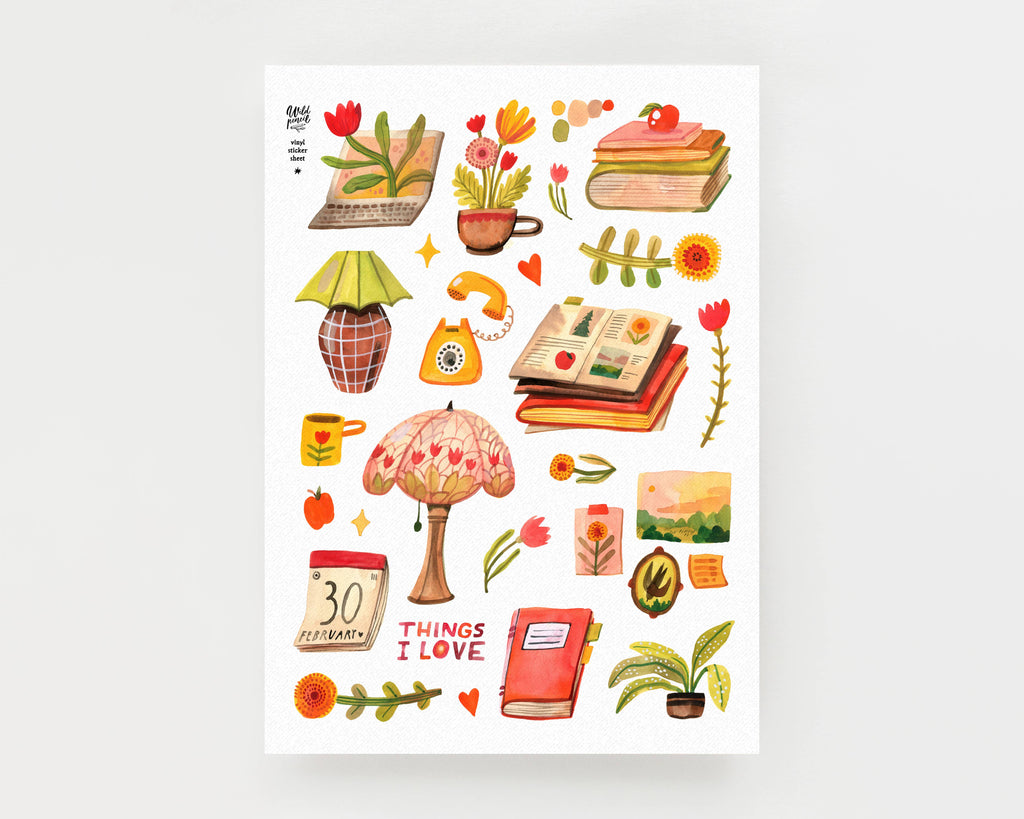 Washi-Stickerbogen Dinge, die ich liebe von Wild Pencil Studio A5, Washi-Stickerbogen mit Büchern, Tee, Pilzen und Pflanzen