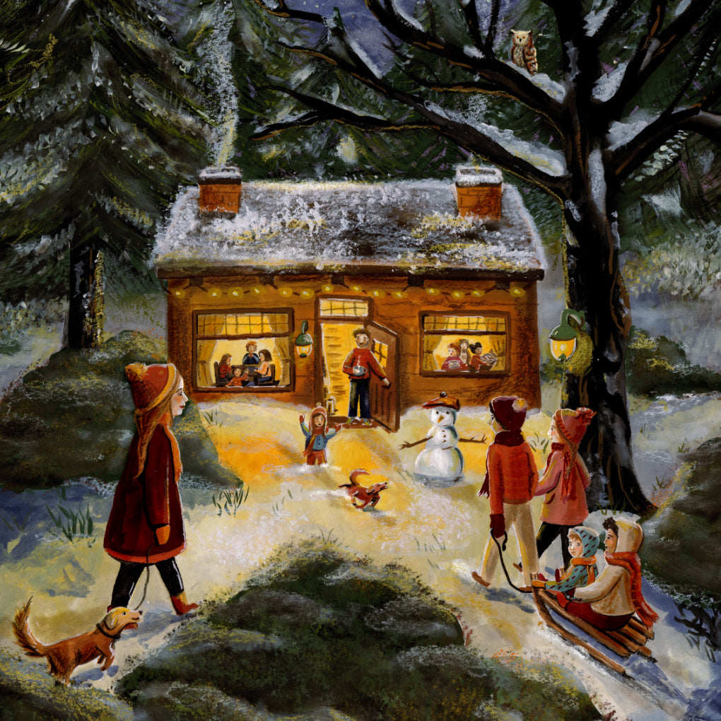 Motiv Winterfest von Esther Bennink für die magische Lampe: Kinder mit Schneemann, Schlitten und Hund vor einem erleuchteten Haus im Schnee, Ansicht 2